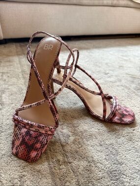 bp Pink Snake-Print Wrap-Strap Heels
